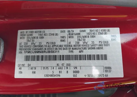 2024 Ford Escape St-Line from USA, damaged, VIN 1FMCU9MN8RUB58311